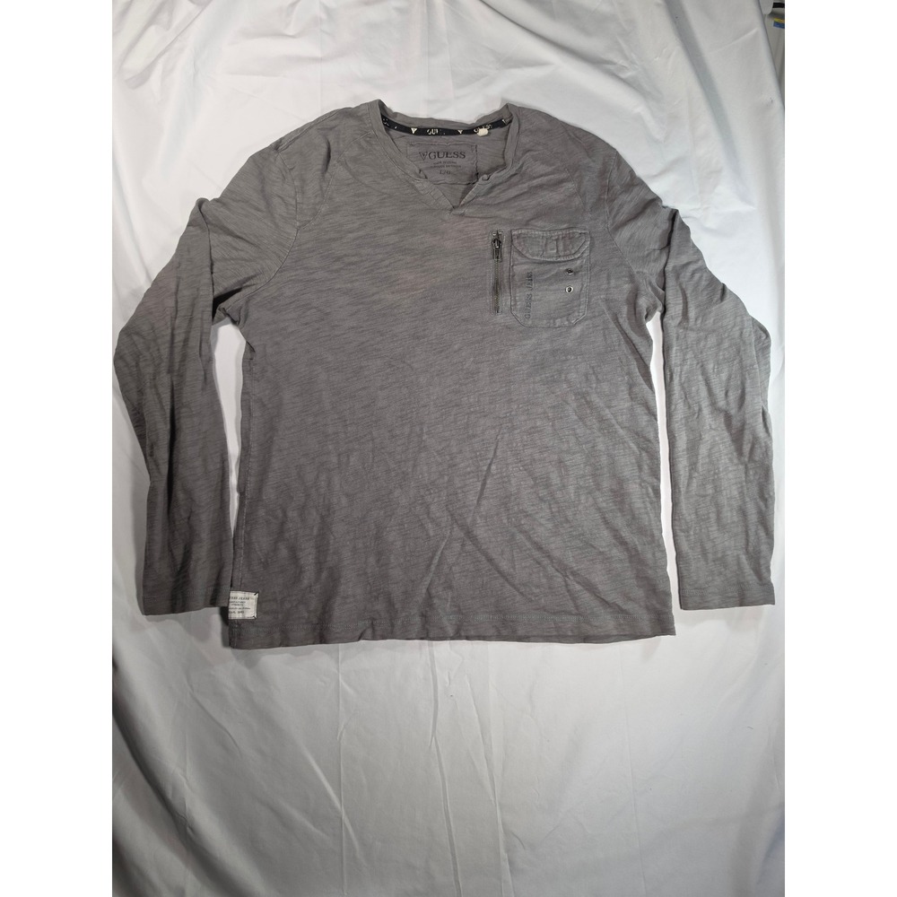 Guess Jeans Mens Gray Long Sleeve Slub Knit Split Neck Pocket T-Shirt Size L